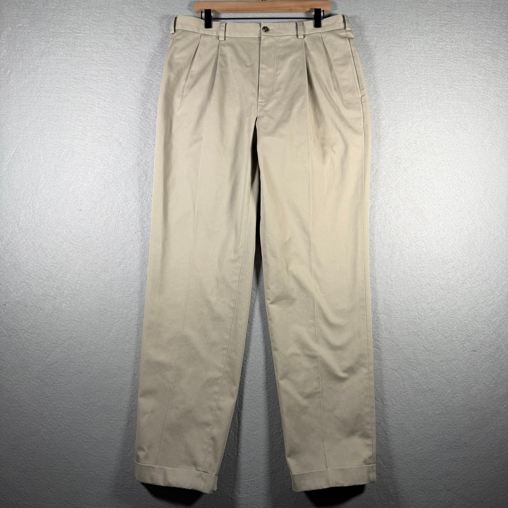 Brooks Brothers Thompson Advantage Chino Pants Tan‎ Khaki Pleated Cuffed 35x34